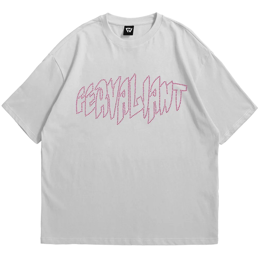 Pyramid Rhinestone Pink Oversize Tee Beyaz