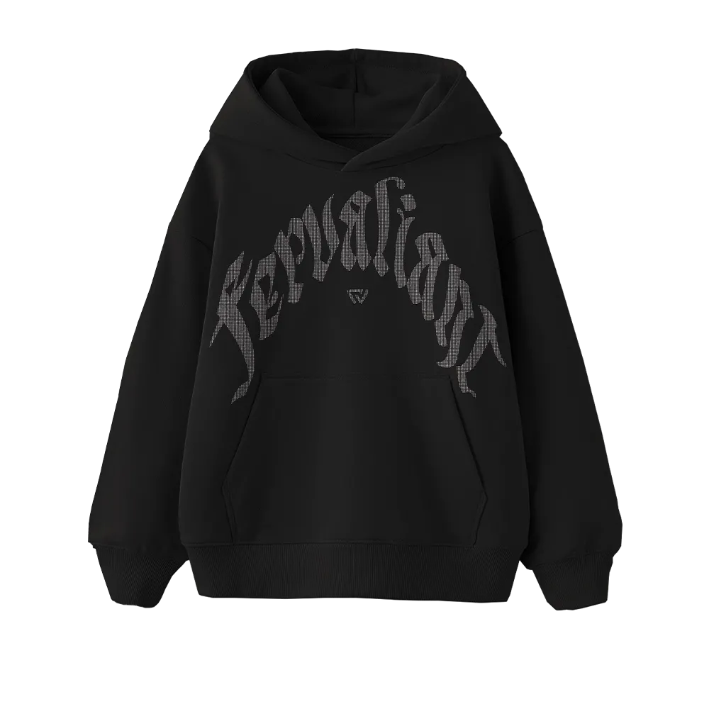 Curved Rhinestone Oversize Hoodie Siyah