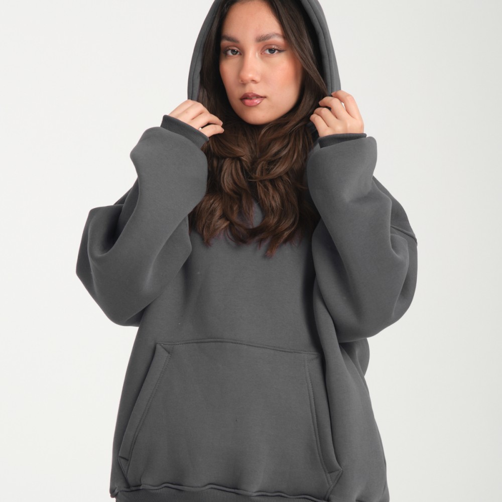 Basic Oversize Kapüşonlu Hoodie Füme