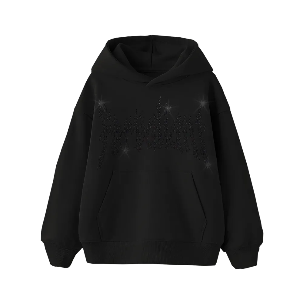 Black Star Rhinestone Oversize Hoodie Siyah
