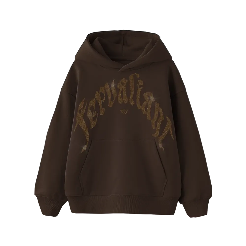 Champagne Curved Rhinestone Hoodie Kahverengi