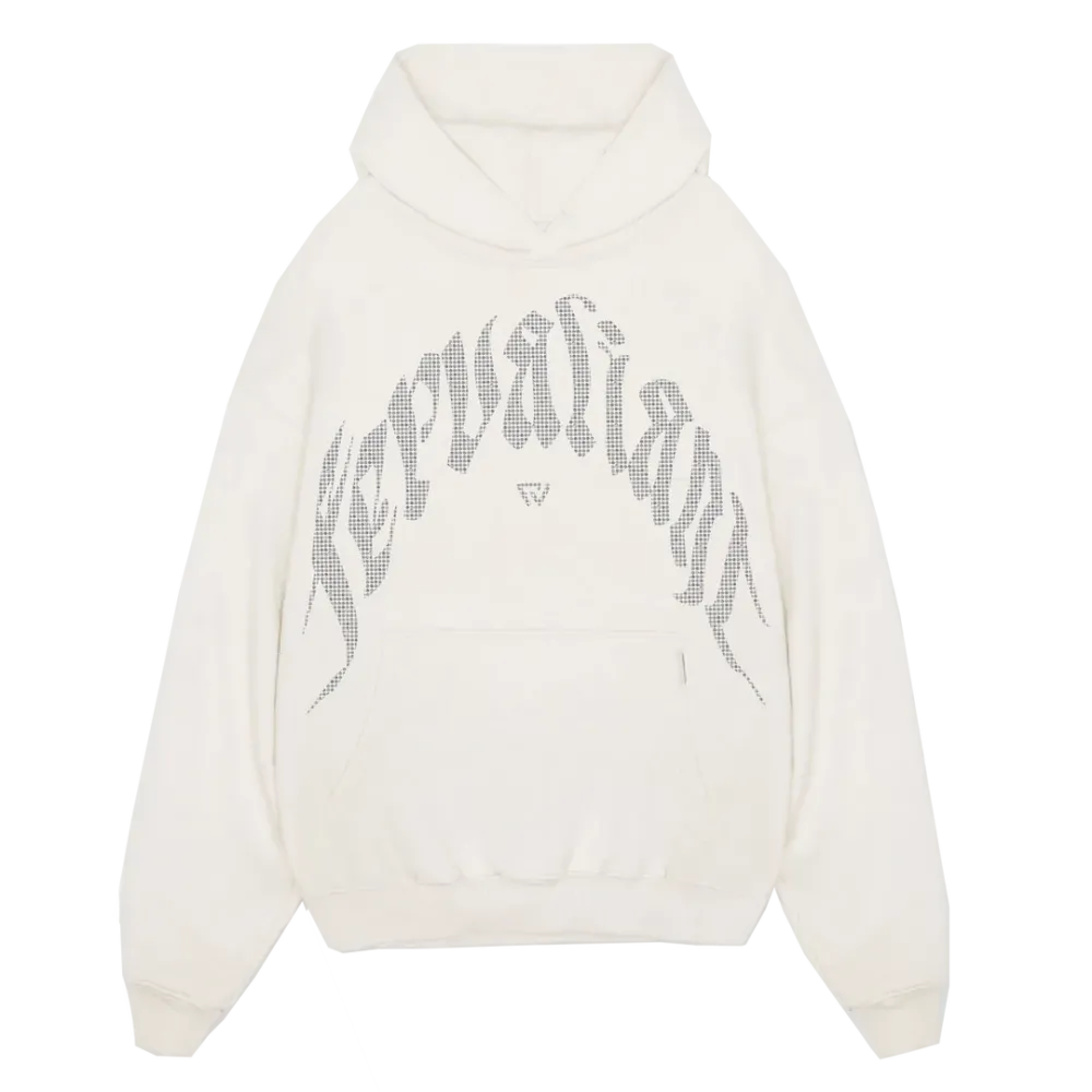 Curved Rhinestone Oversize Hoodie Beyaz