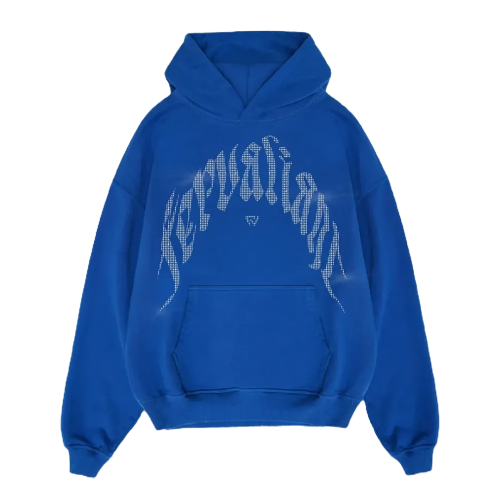 Curved Rhinestone Oversize Hoodie Mavi