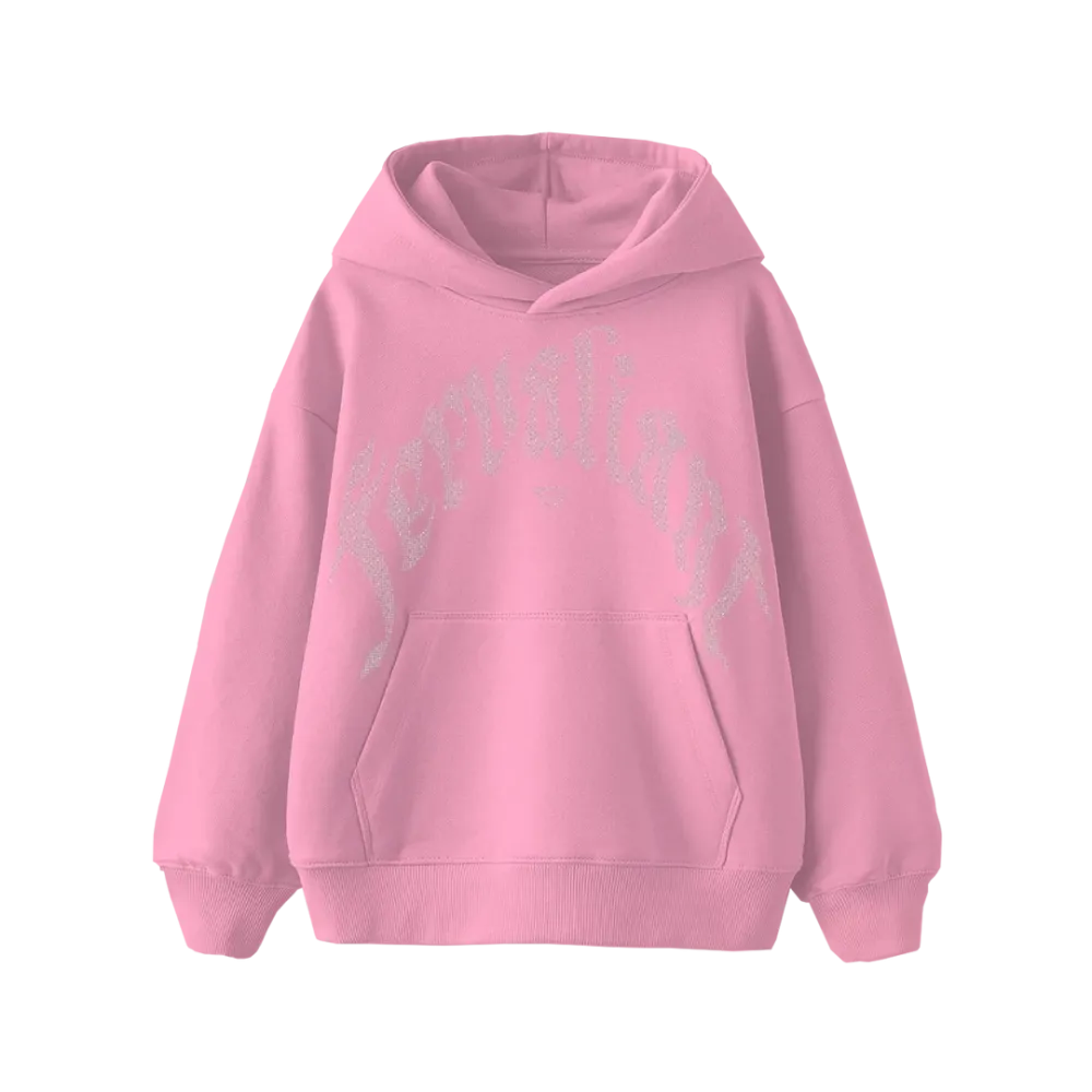 Curved Rhinestone Oversize Hoodie Pembe