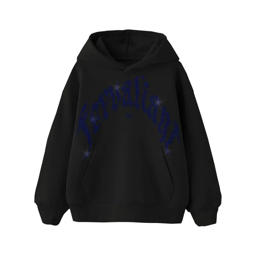 Navy Curved Rhinestone Hoodie Siyah