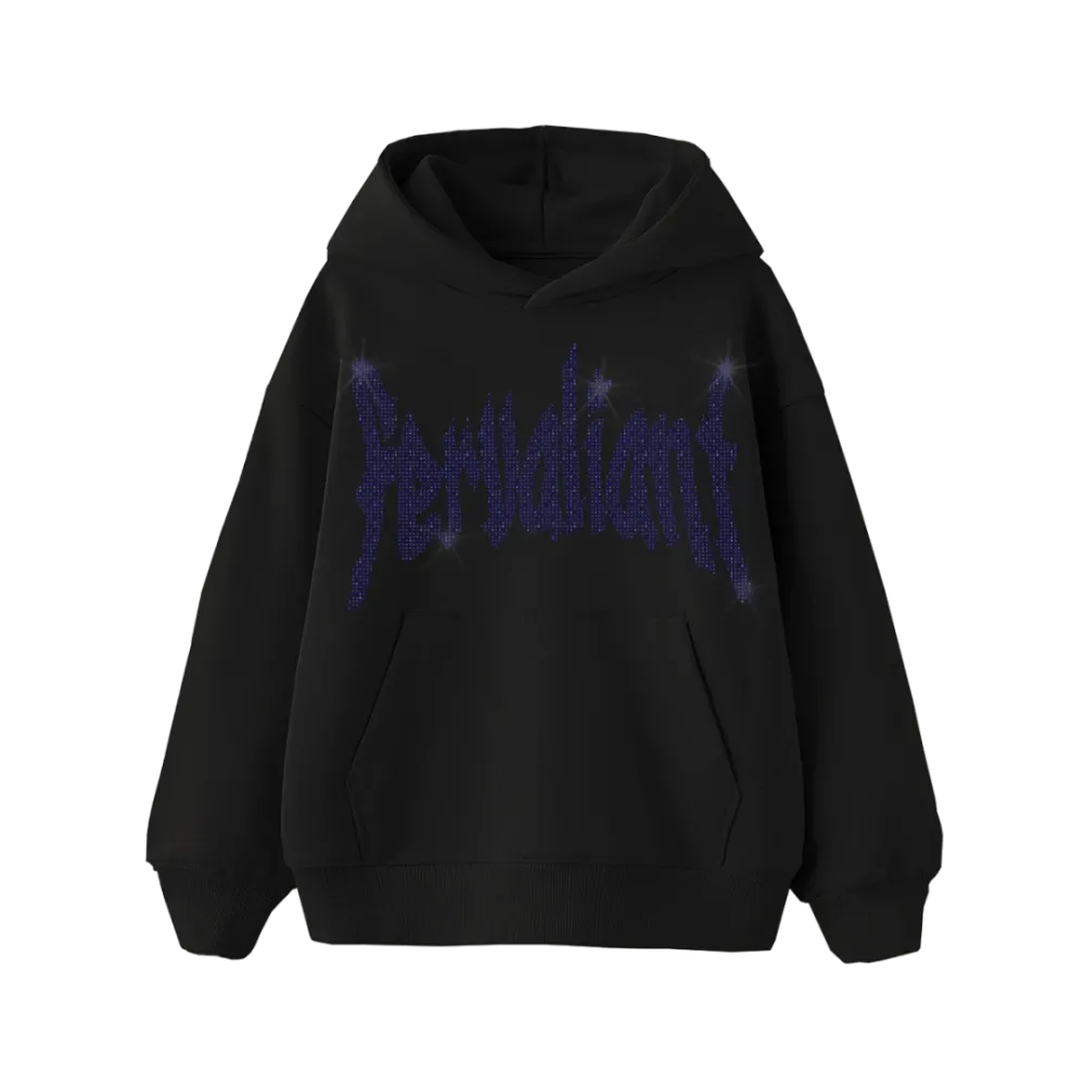 Navy Star Rhinestone Oversize Hoodie Siyah