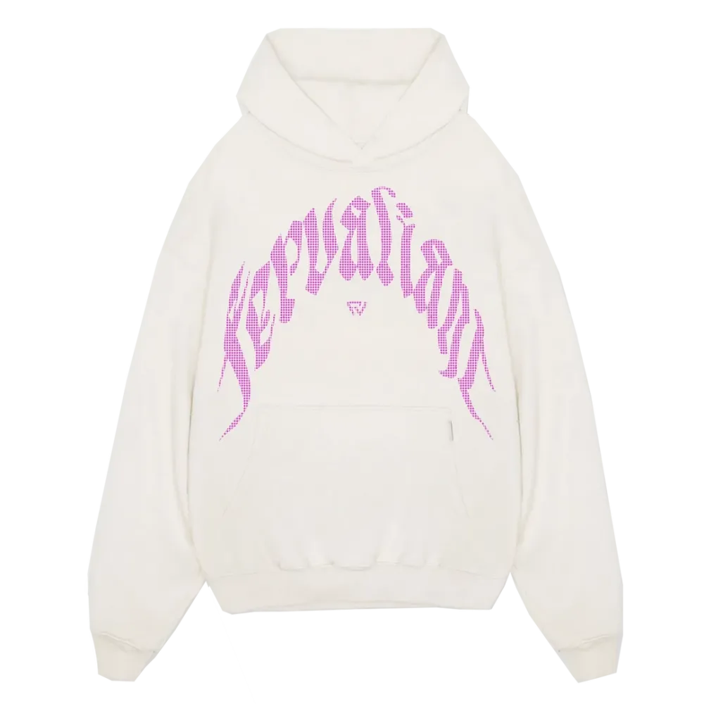 Pink Curved Rhinestone Hoodie Beyaz