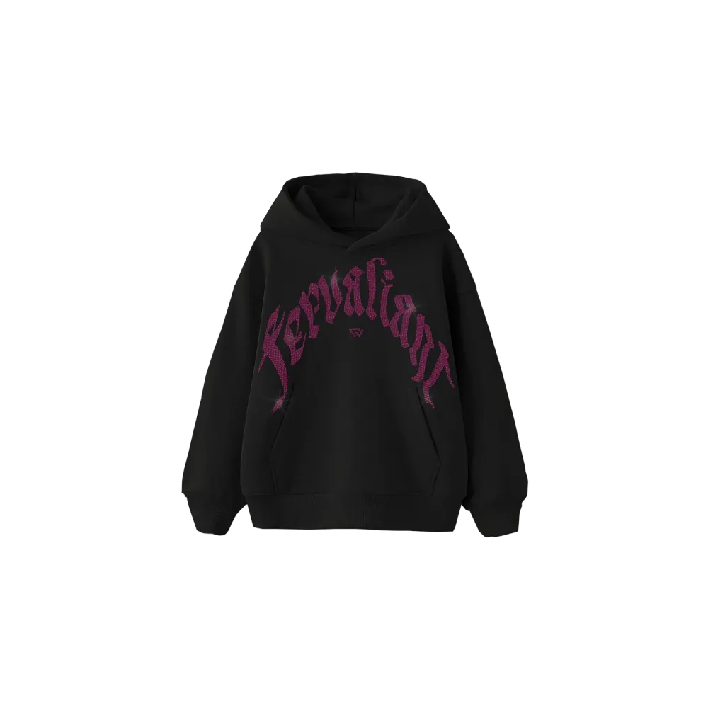 Pink Curved Rhinestone Hoodie Siyah Pink Curved Rhinestone Hoodie Siyah