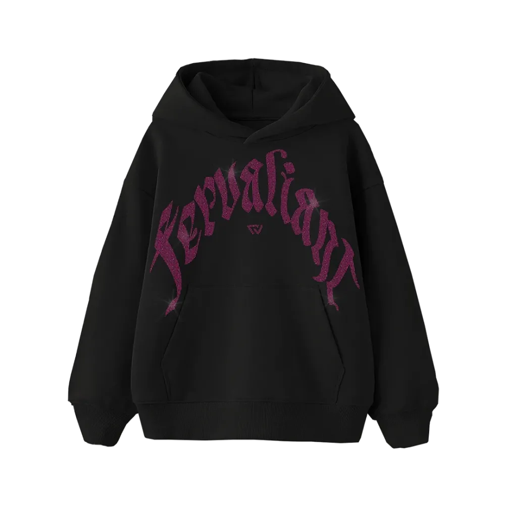 Pink Curved Rhinestone Hoodie Siyah