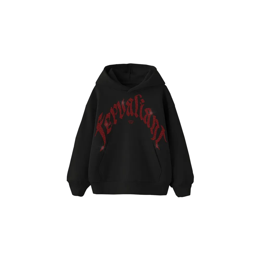 Red Curved Rhinestone Hoodie Siyah Red Curved Rhinestone Hoodie Siyah
