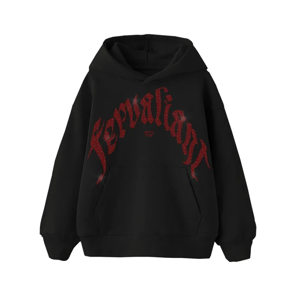 Red Curved Rhinestone Hoodie Siyah