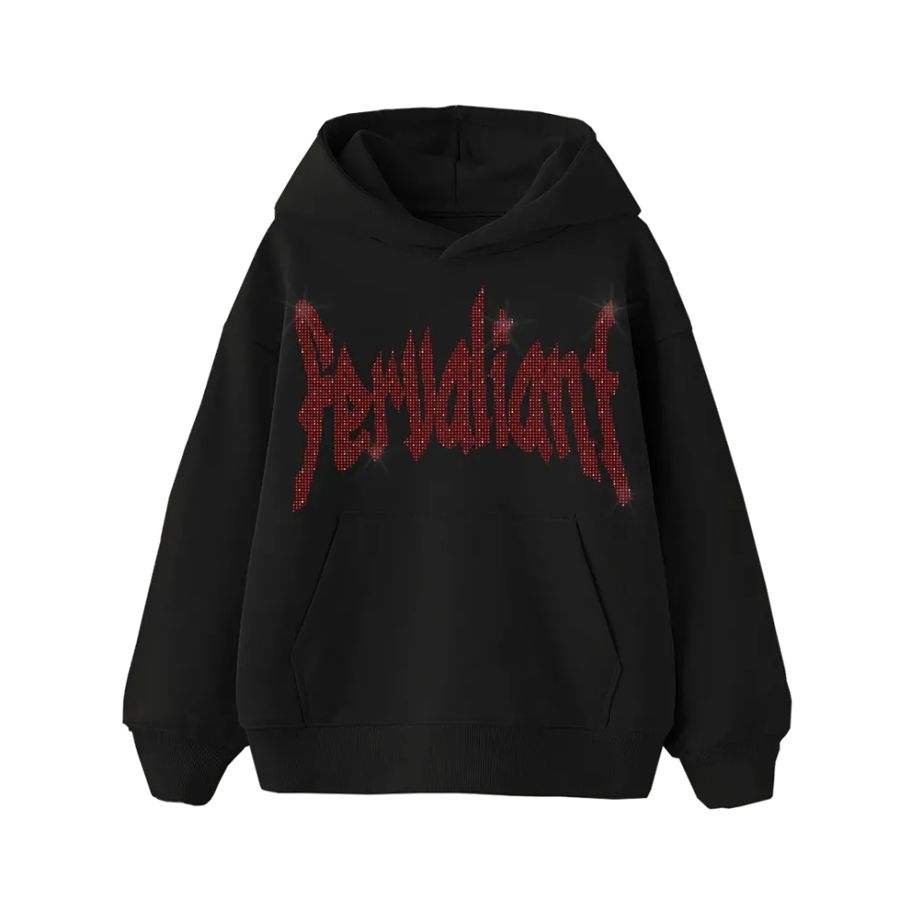 Red Star Rhinestone Oversize Hoodie Siyah