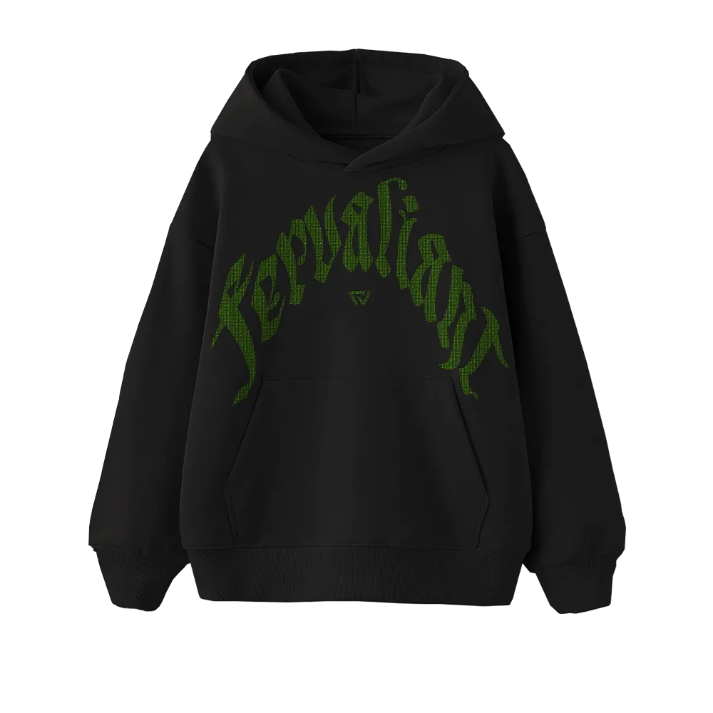 Erinite Curved Rhinestone Hoodie Siyah