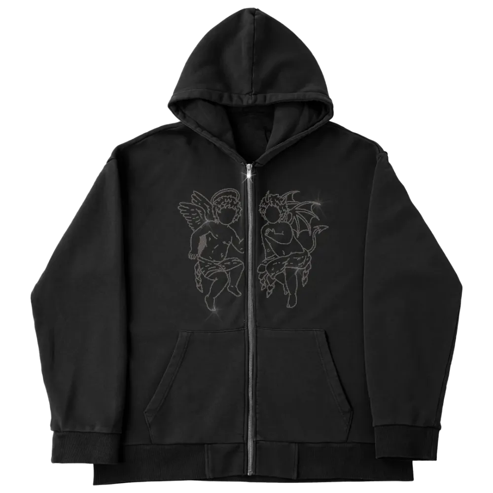 Angel Rhinestone Zip Siyah