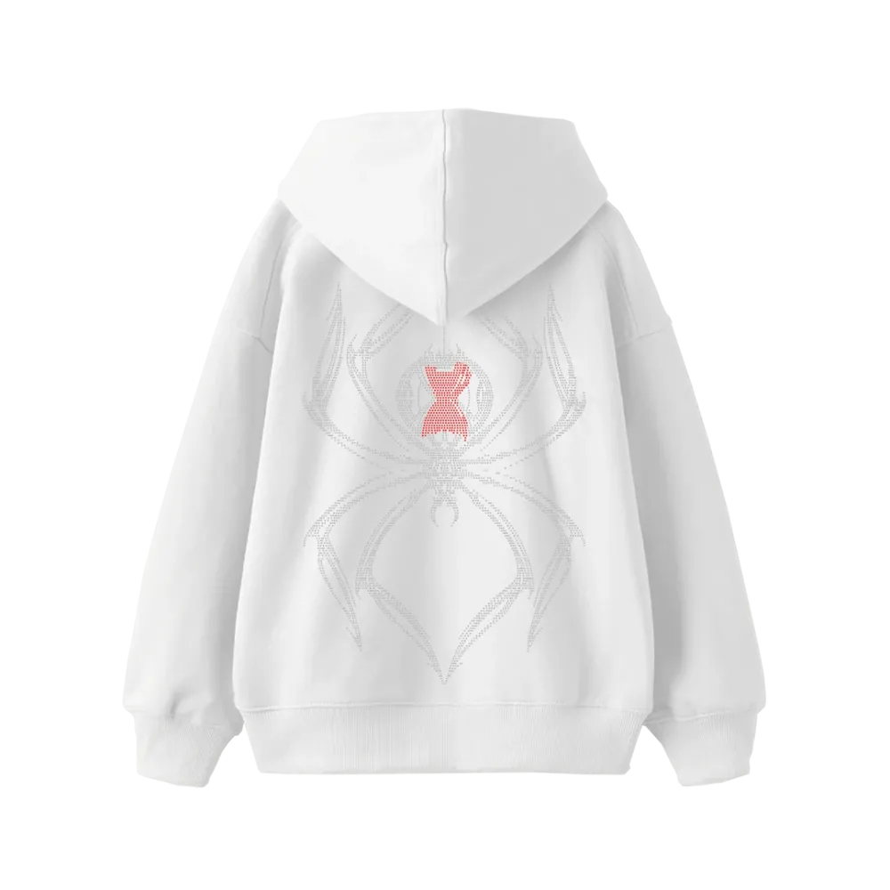 Spider Rhinestone Oversize Hoodie Beyaz