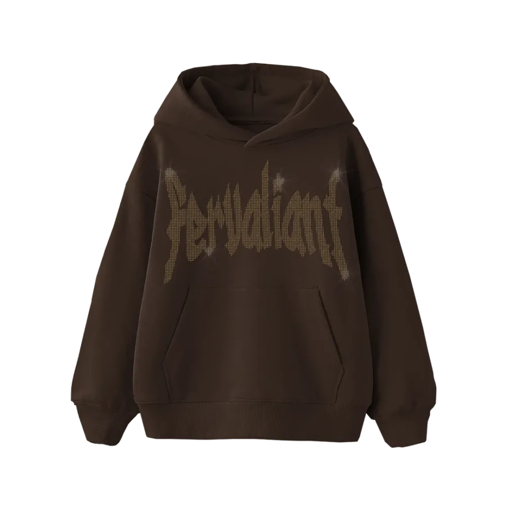 Champagne Star Rhinestone Oversize Hoodie Kahverengi