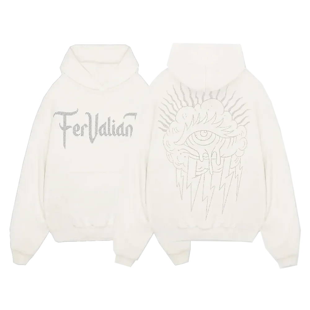 Eye Cloud Rhinestone Oversize Hoodie Beyaz