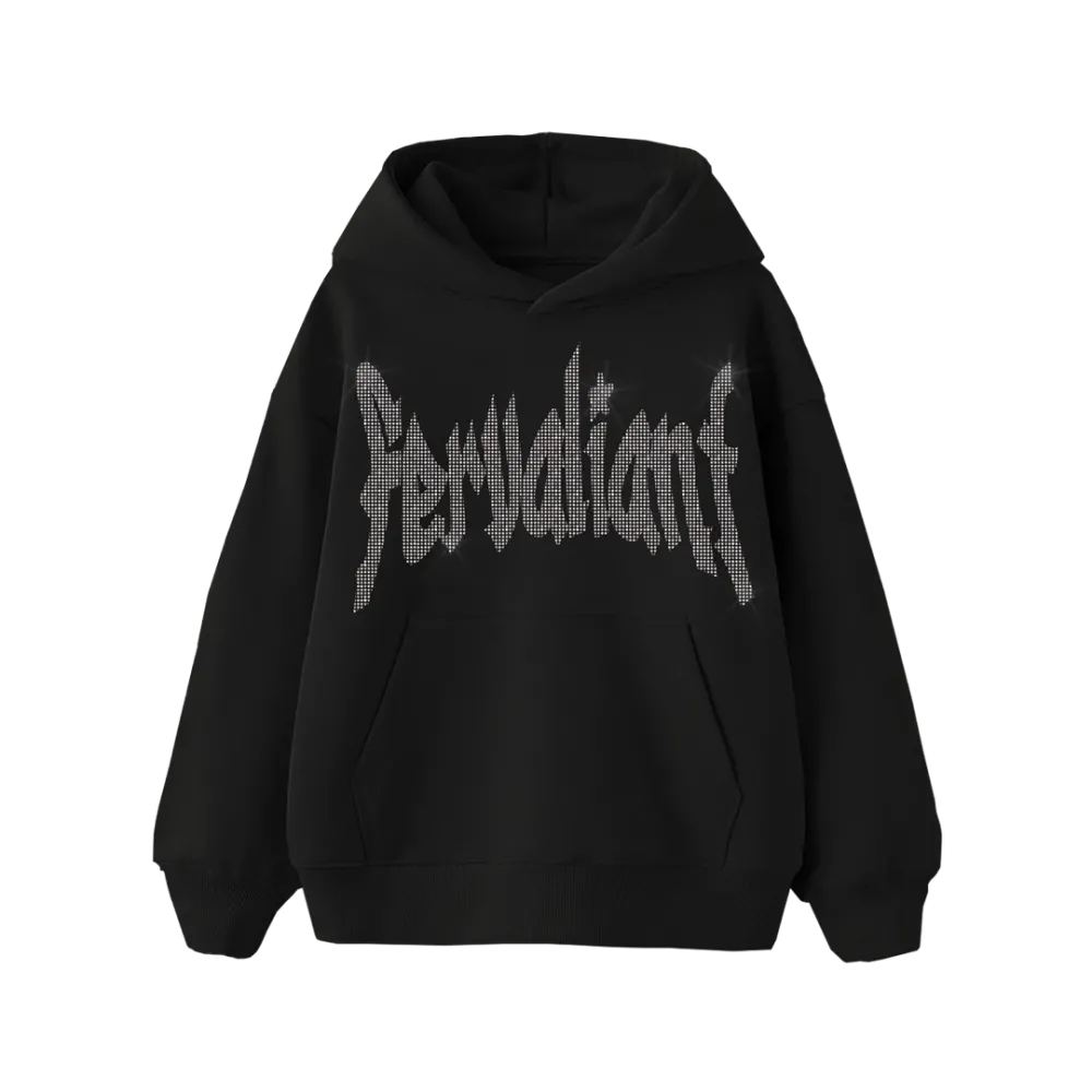 Star Rhinestone Oversize Hoodie Siyah