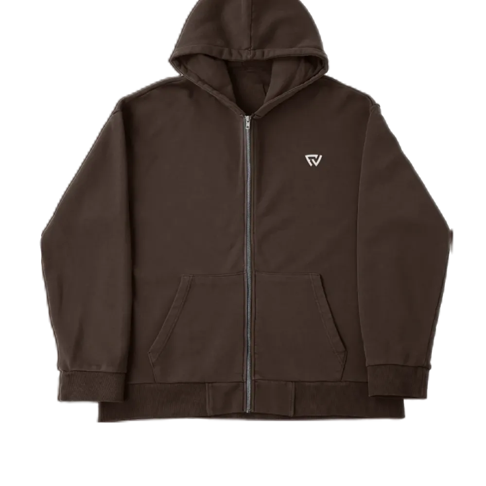 Basic Oversize Zip Up Hoodie Kahverengi