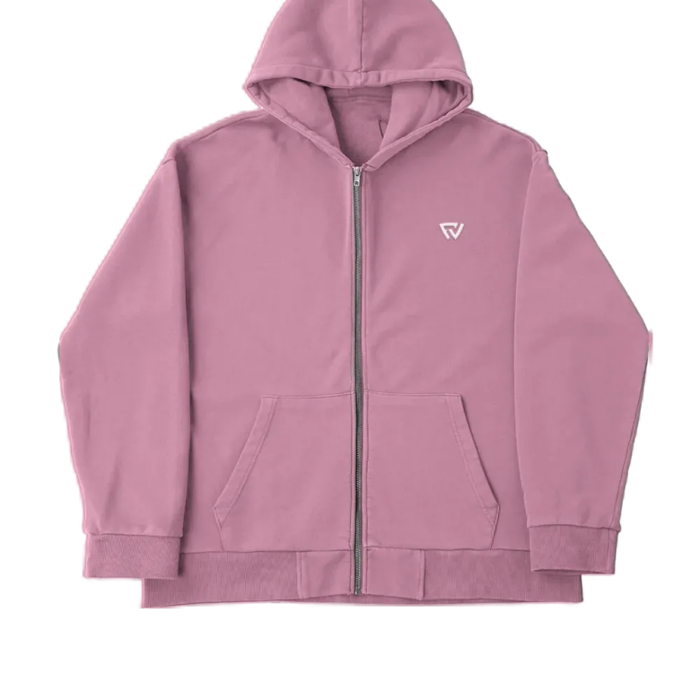 Basic Oversize Zip Up Hoodie Pembe