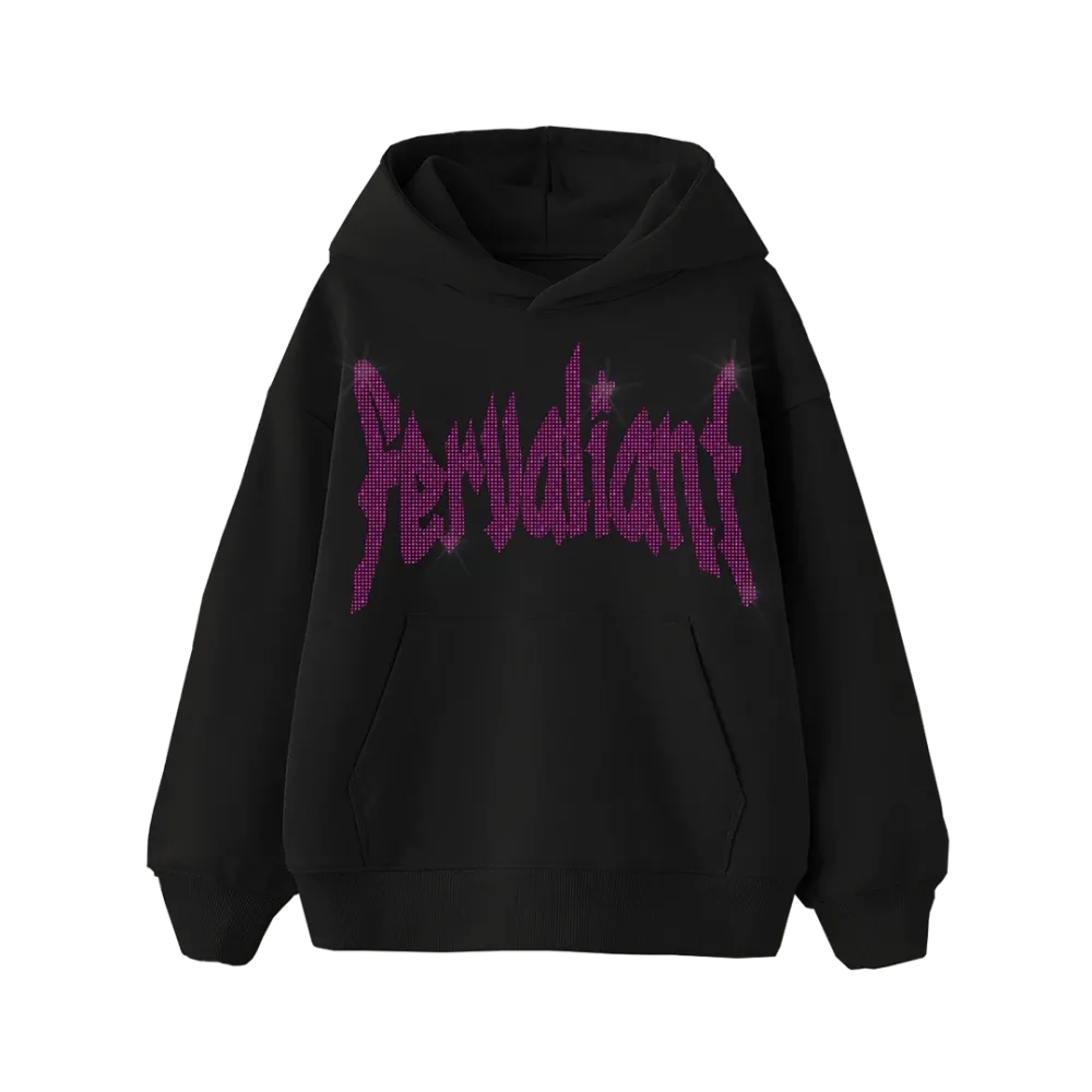 Pink Star Rhinestone Oversize Hoodie Siyah