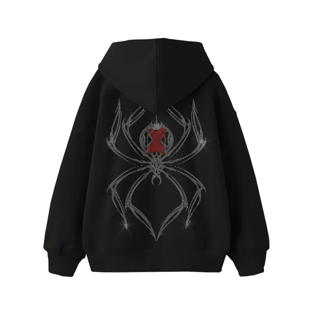 Spider Rhinestone Oversize Hoodie Siyah
